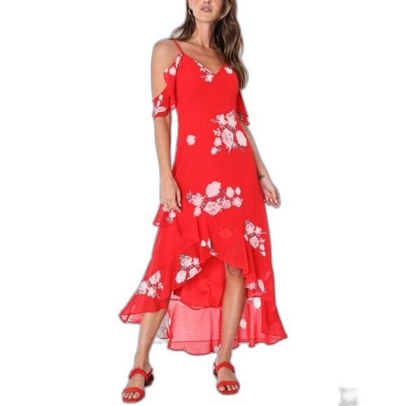 Lulus Love in Bloom Red Floral Print Chiffon Off-The-Shoulder Hi-Low Dress Sz XS - Picture 1 of 16